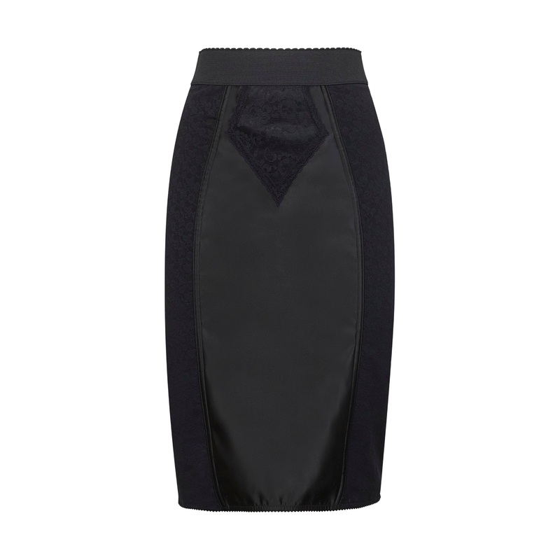Black lace and marquisette elastic midi skirt