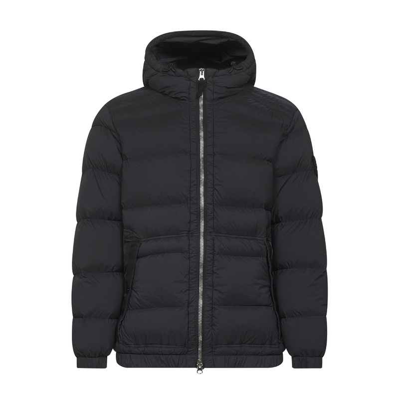 Black stretch nylon hooded down jacket