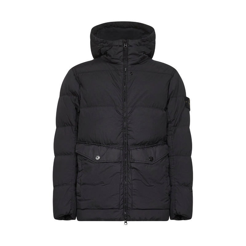 Black recycled nylon reps hooded down jacket