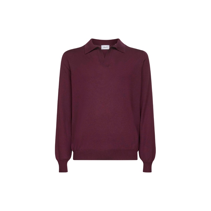 Burgundy virgin wool knit buttonless polo shirt