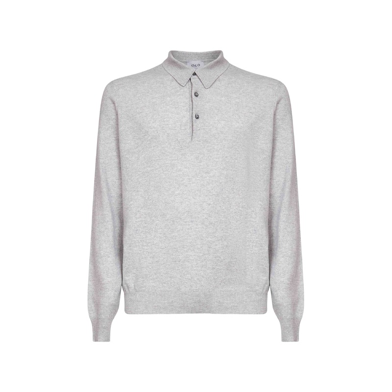 Grey wool blend knit long-sleeved polo shirt