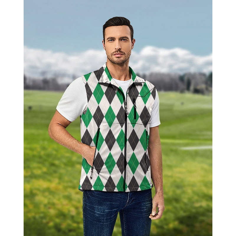 Men’s Argyle grid Lightweight Softshell Vest Sleeveless Jacket for Golf Windproof Waterproof