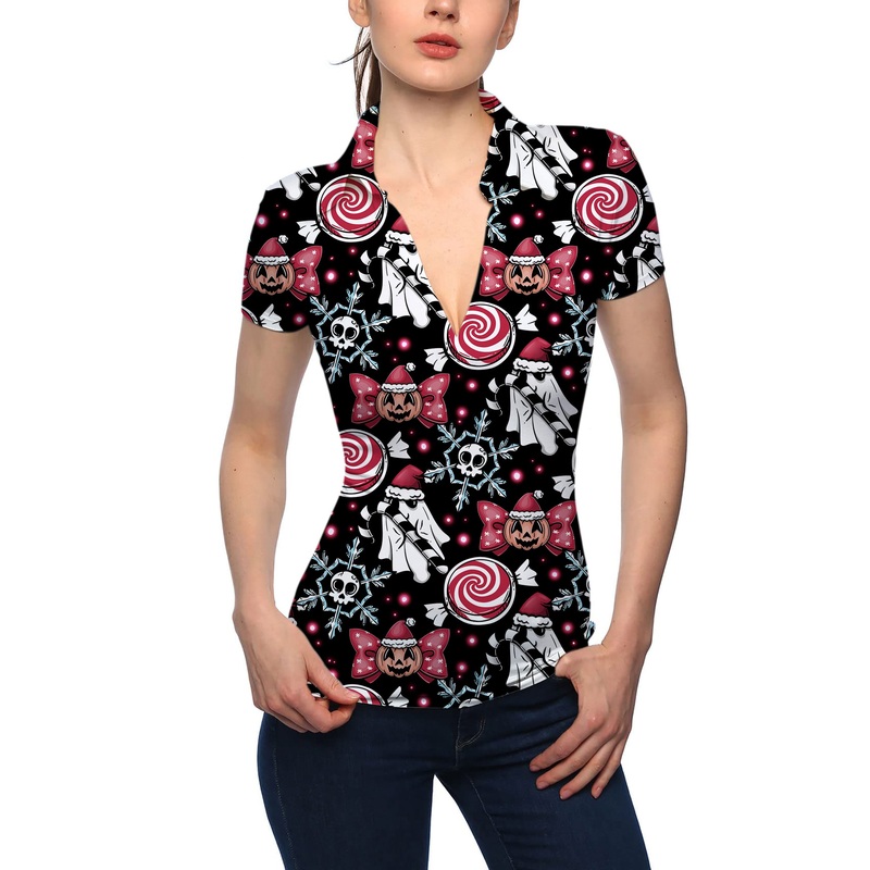 Women’s Halloween Christmas V Neck Golf Polo