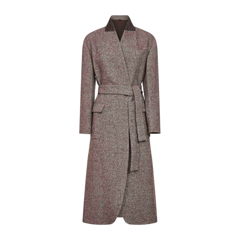 Brown diagonal melange coat with monili