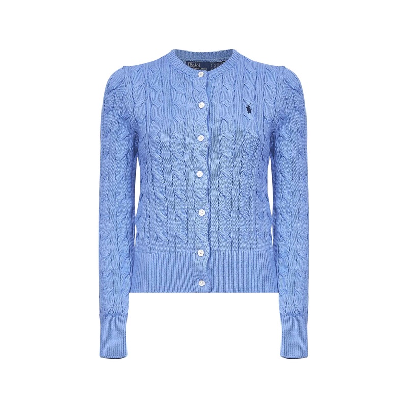 Light blue cable-knit cotton crewneck cardigan