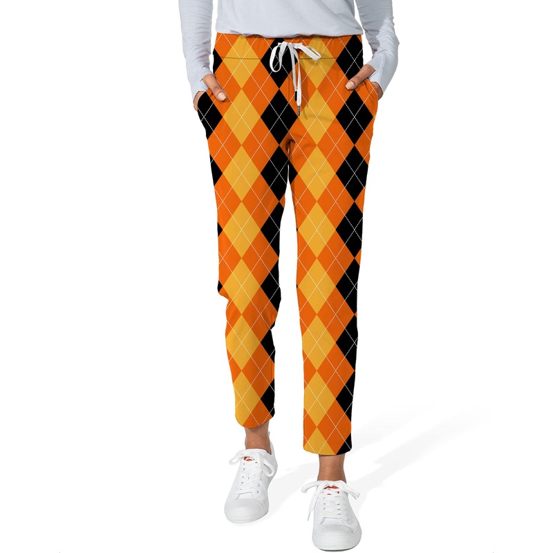 Halloween Black Yellow Orange Argyle Women’s 7/8 Stretch Ankle Golf Pants