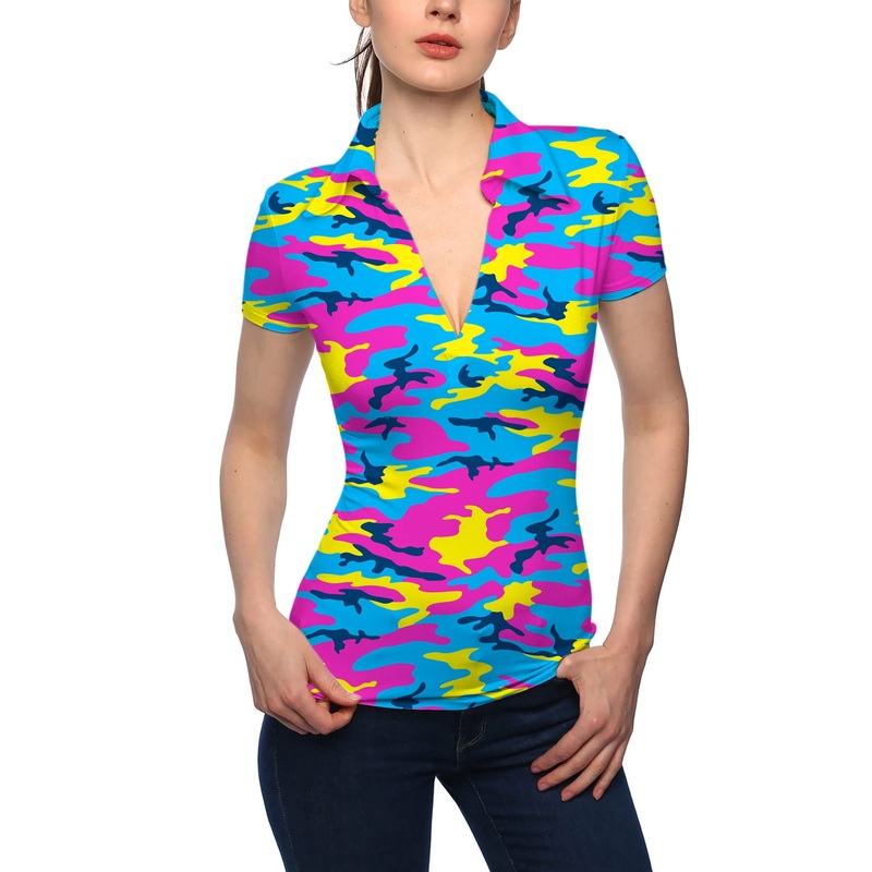 Women’s Neon Camo V Neck Golf Polo