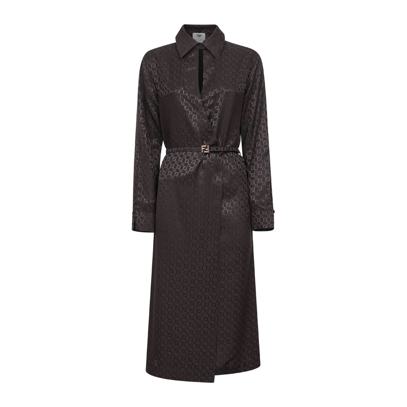 Brown jacquard FF silk midi shirtdress