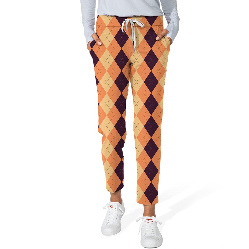 Halloween Black Light Yellow Orange Argyle Women’s 7/8 Stretch Ankle Golf Pants