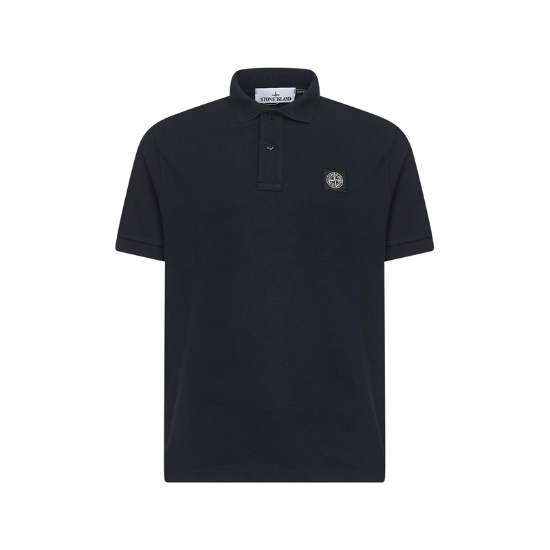Blue stretch pique Compass patch polo shirt