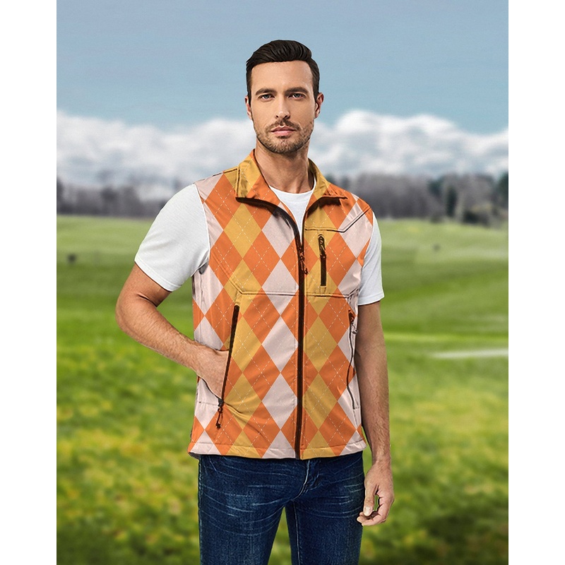 Men’s Halloween Orange Apricot Argyle Lightweight Softshell Vest Sleeveless Jacket for Golf Windproof Waterproof