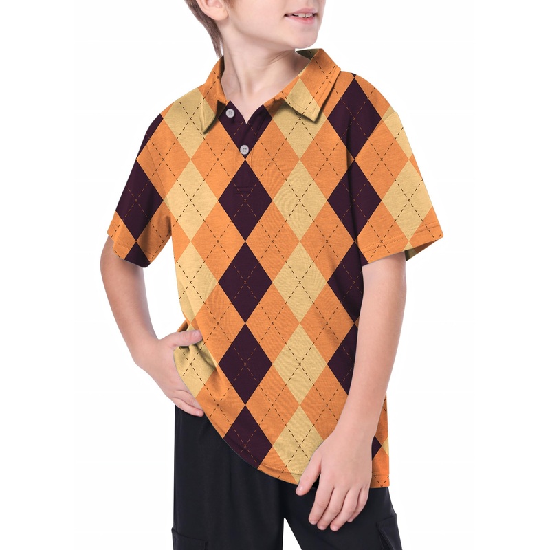 Youth Halloween Black Light Yellow Orange Argyle Golf Polo