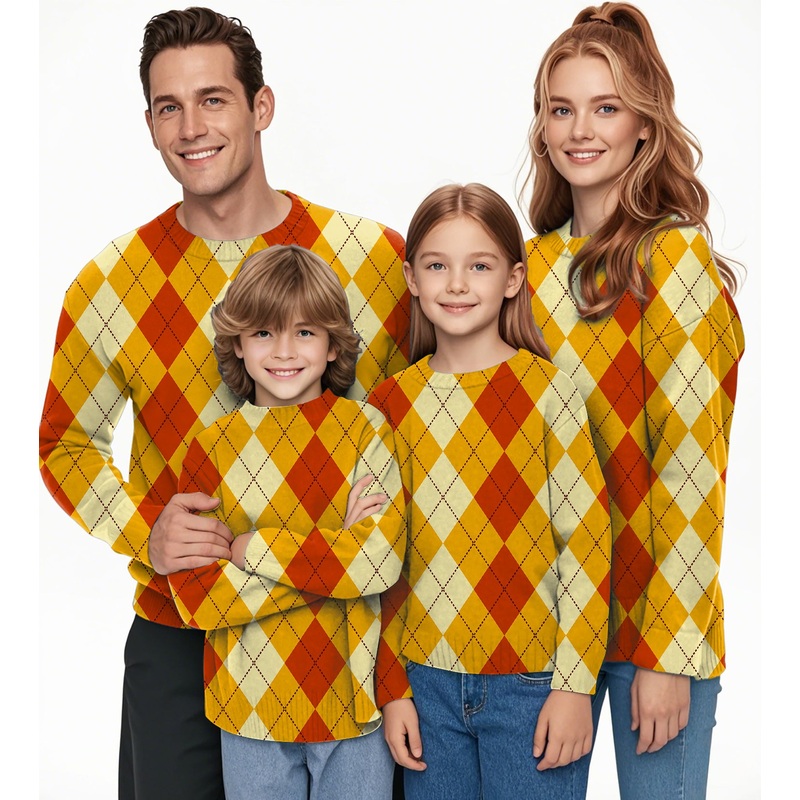 Halloween Light Yellow Red Argyle Crewneck Pullover Ugly Sweater Men Women boy girl family