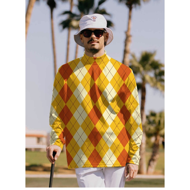 Men’s Halloween Light Yellow Red Argyle Pullover High neck Long/Short sleeve T-Shirt