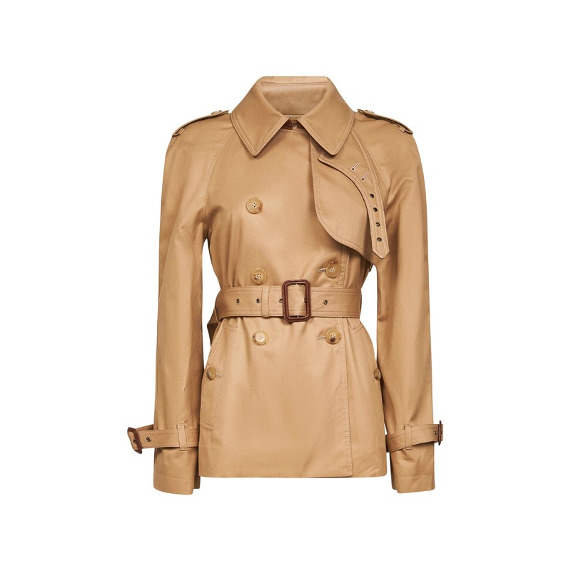 Beige cotton gabardine short trench coat