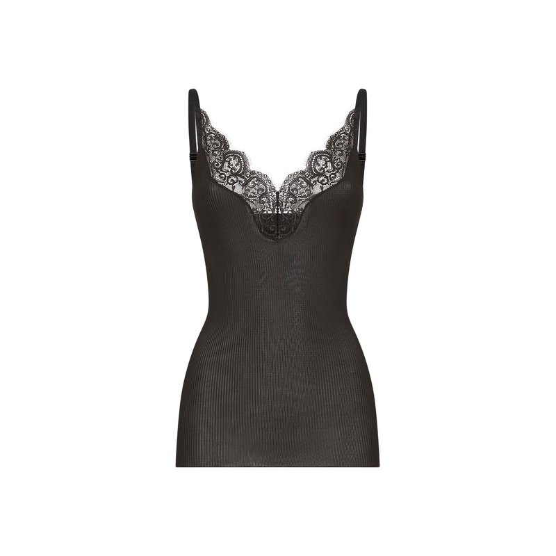 Black ribbed silk jersey laced tank top