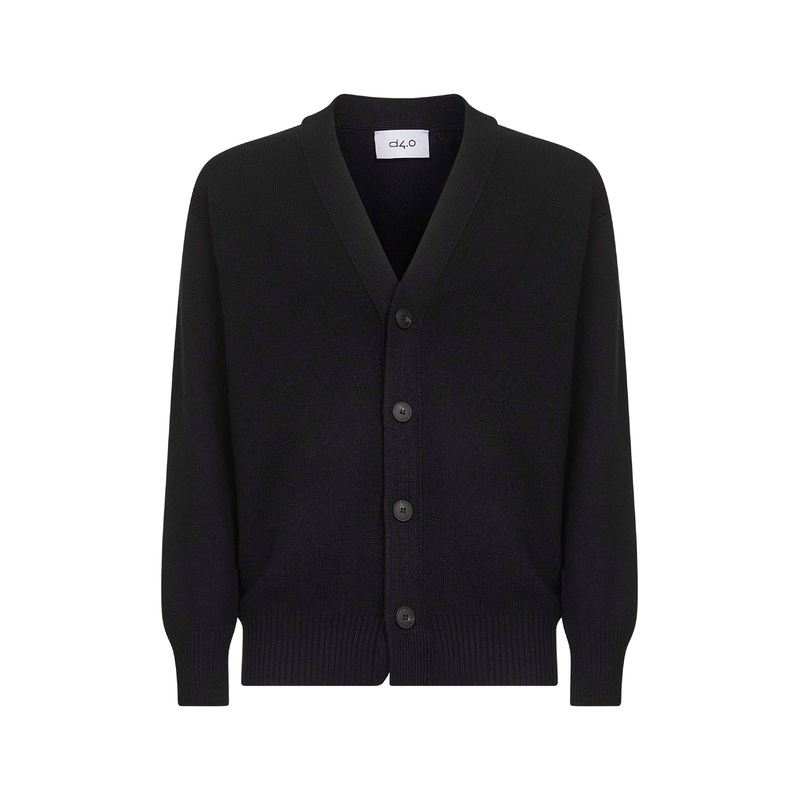 Black virgin wool knit relaxed fit cardigan<BR/>