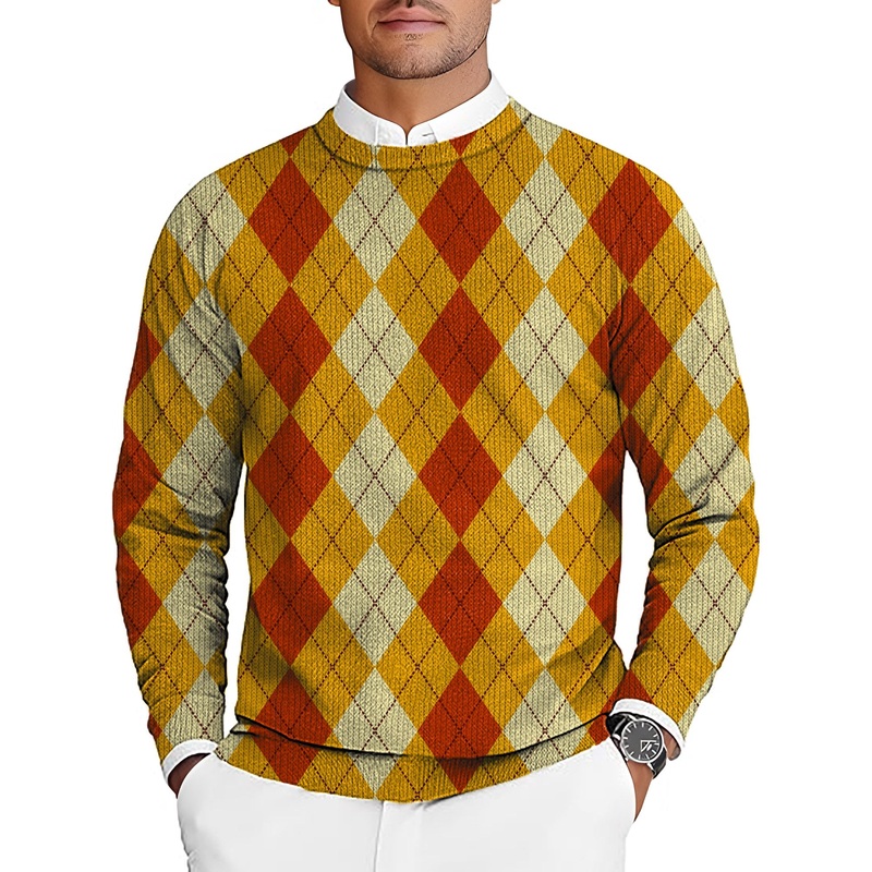 Halloween Light Yellow Red Argyle Men’s Golf Crewneck Pullover Sweaters Ugly Sweater