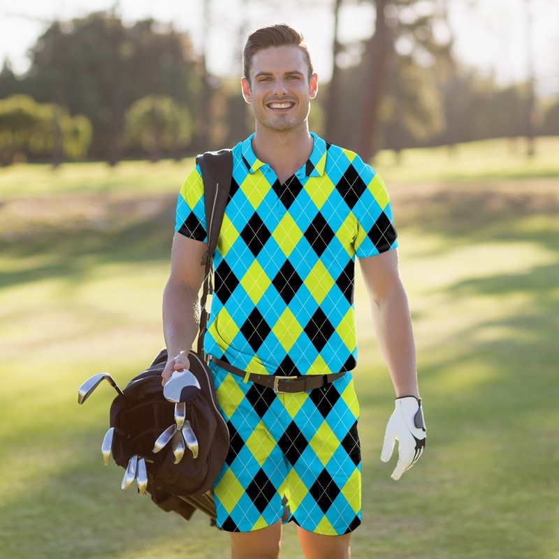Men’s Golf Set Polo+Shorts Halloween Black Green Blue White Argyle