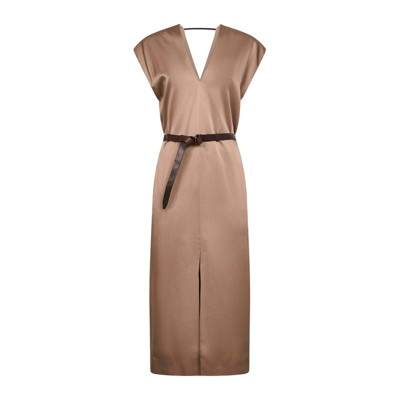 Taupe cady satin belted midi dress