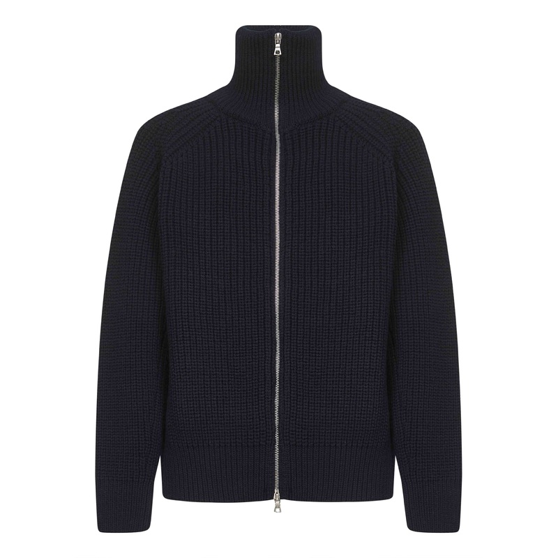 Black wool knit zip-up cardigan