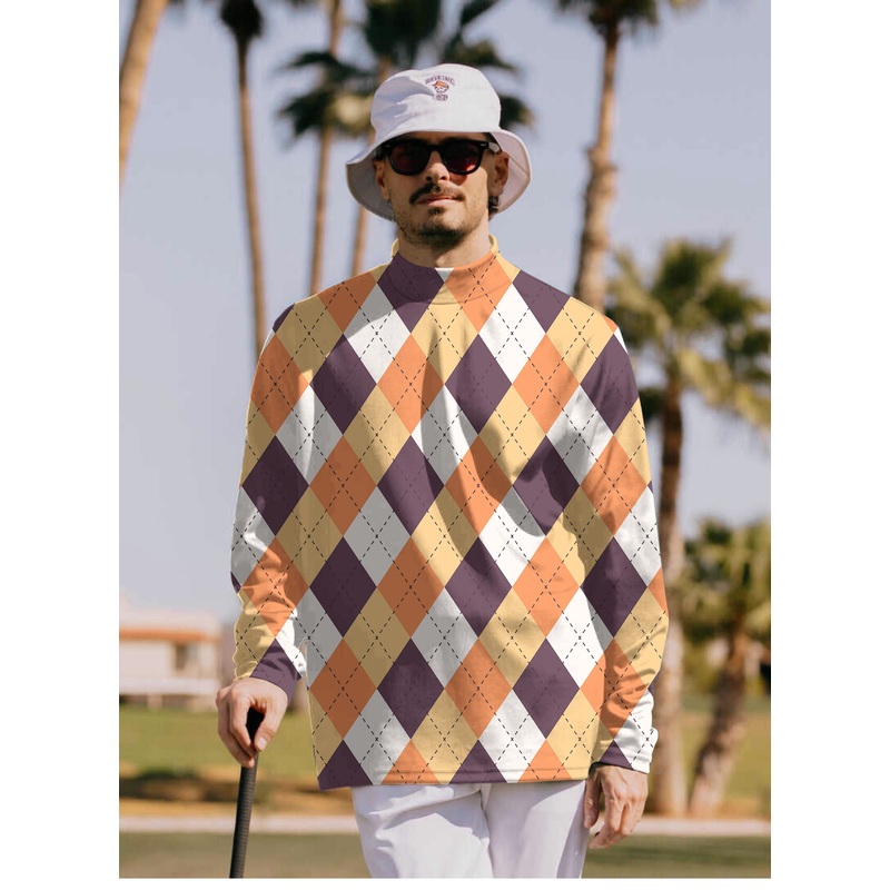 Men’s Halloween Orange White Brown Argyle Pullover High neck Long/Short sleeve T-Shirt