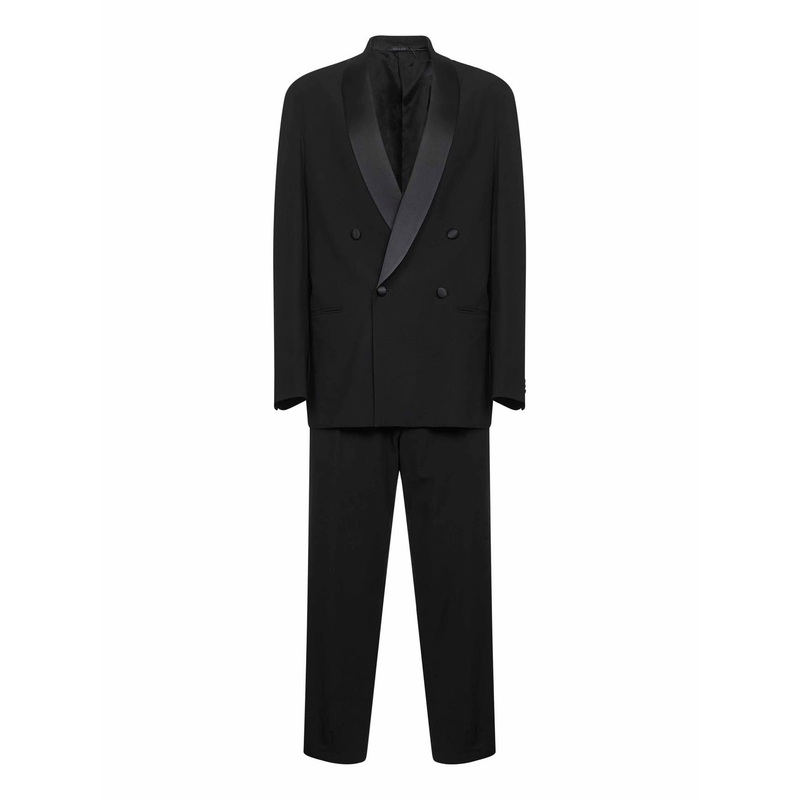 Black virgin wool crepe double-breasted tuxedo suit