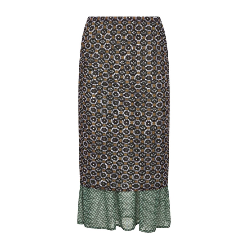 Brown printed mesh layered midi skirt