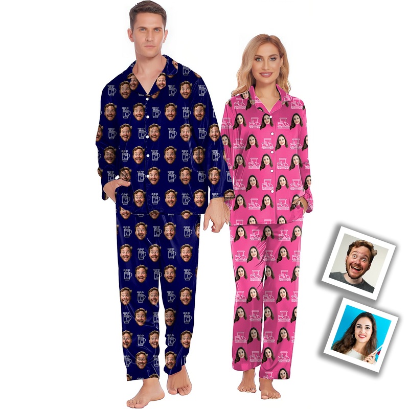 Custom Photo Funny Face Couples Matching Pajamas Suit Long Sleeve Sleepwear