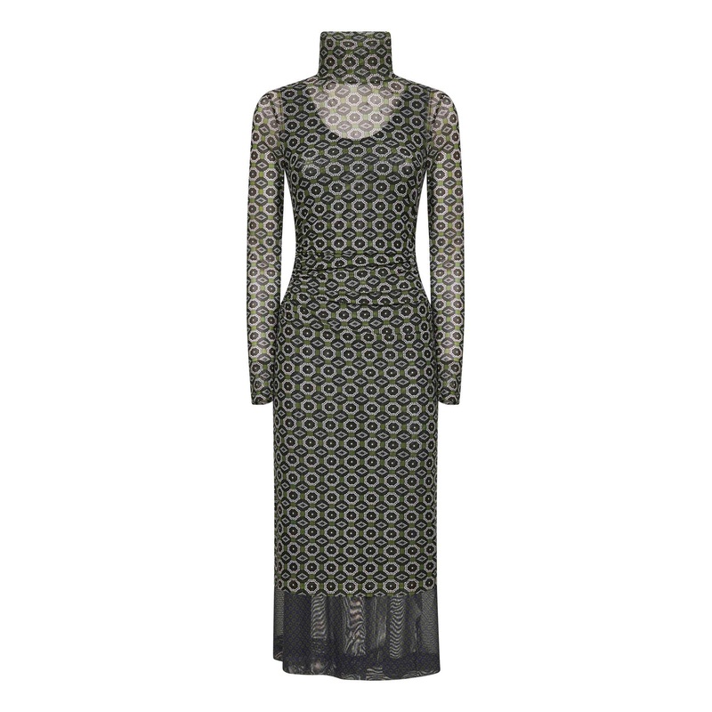 Green printed mesh layered midi dress