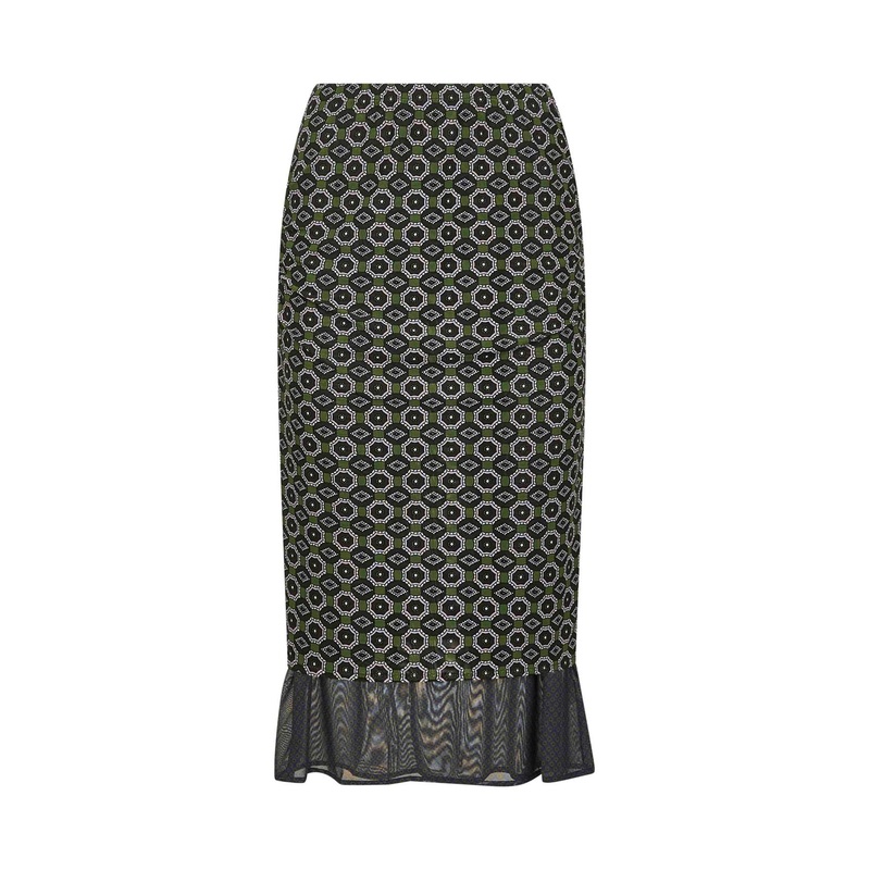 Green printed mesh layered midi skirt