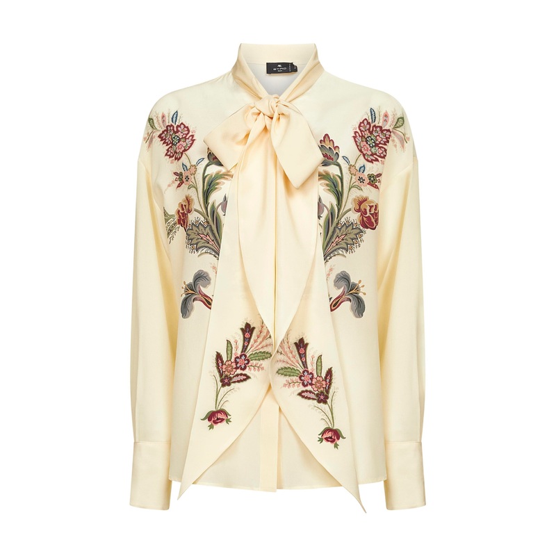 Beige floral print silk crpe de Chine blouse