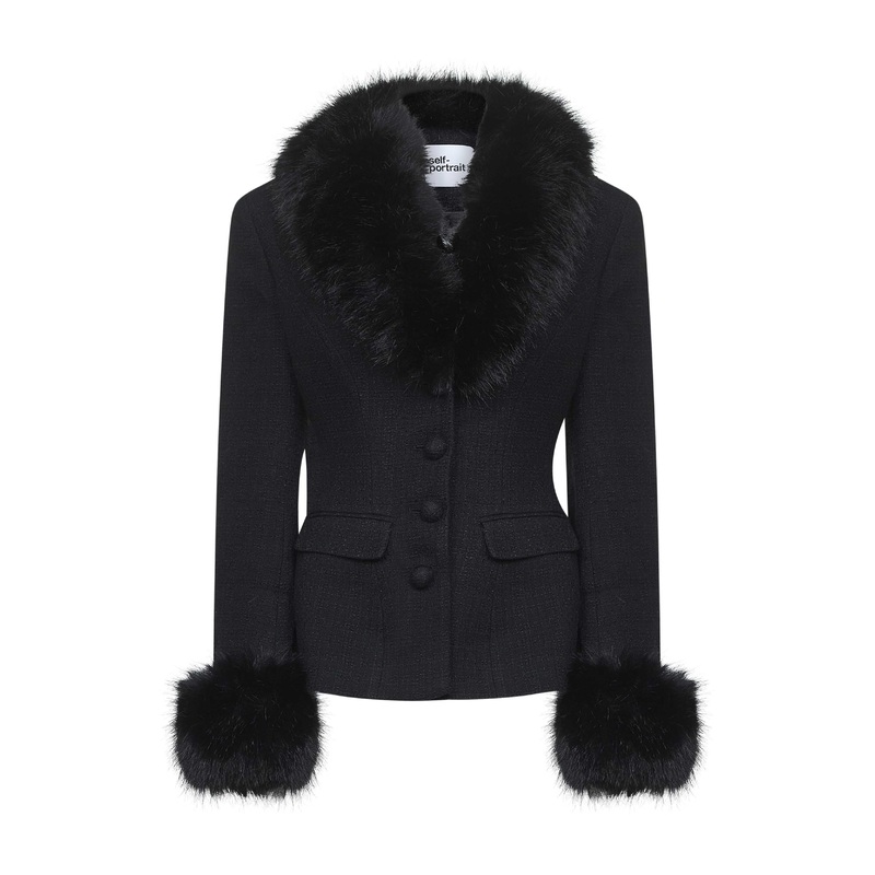 Black boucl faux fur trims jacket