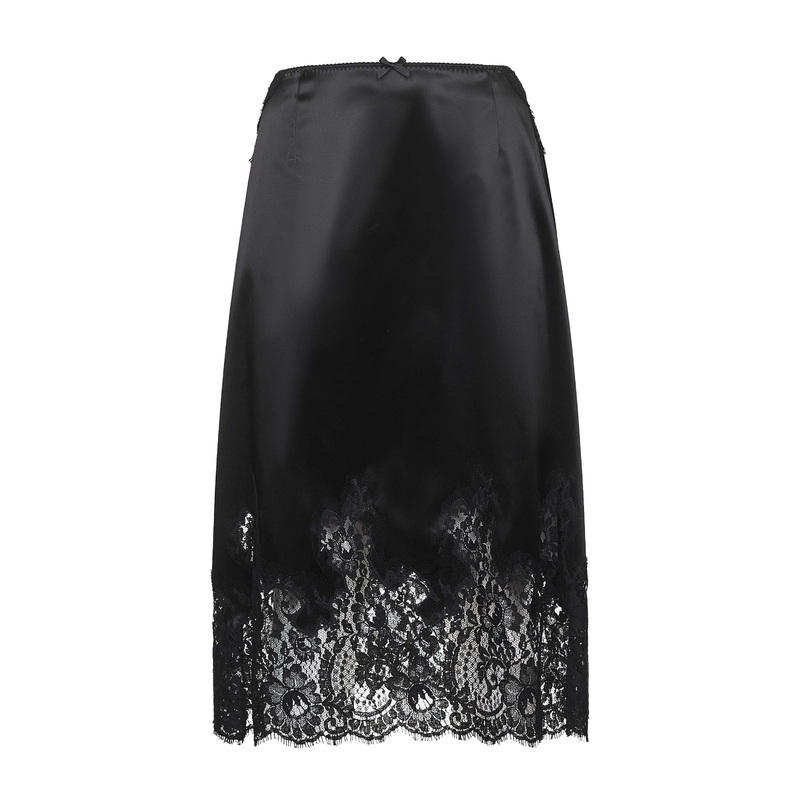Black satin and lace mid calf-lenght skirt