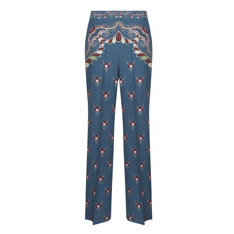 Light blue floral print crepe de chine palazzo trousers