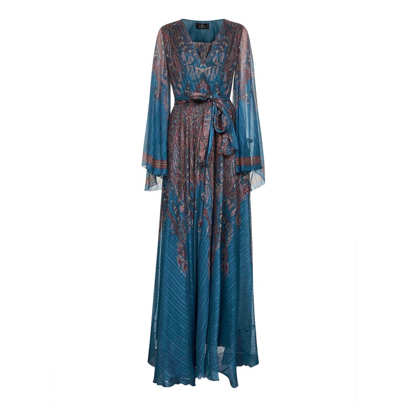 Light blue Paisley print pekin crepon long dress
