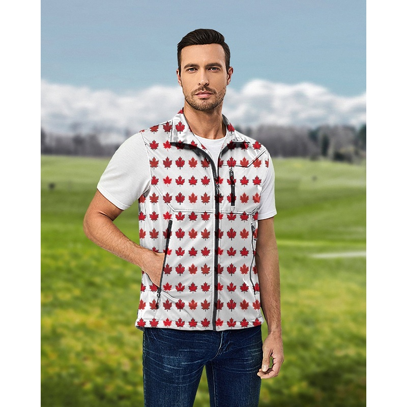 Men’s Canada Red Maple Leaves Lightweight Softshell Vest Sleeveless Jacket for Golf Windproof Waterproof