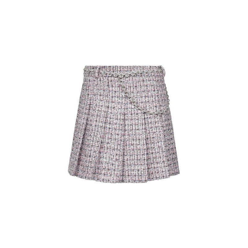 Pink boucl pleated crystal belt mini skirt