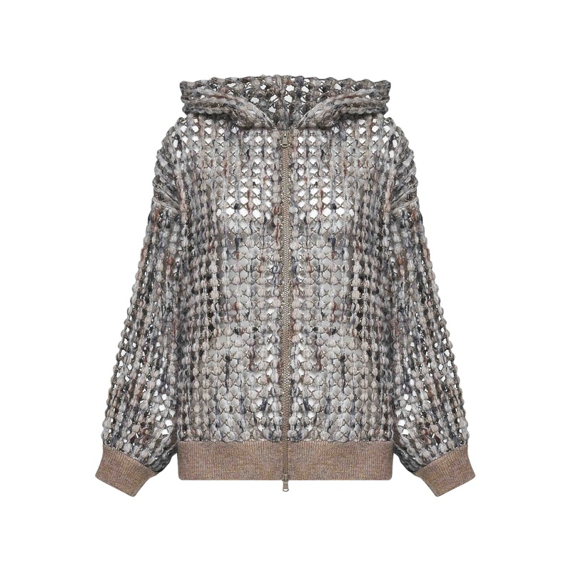 Balloon Net Embroidery zip-up hooded cardigan