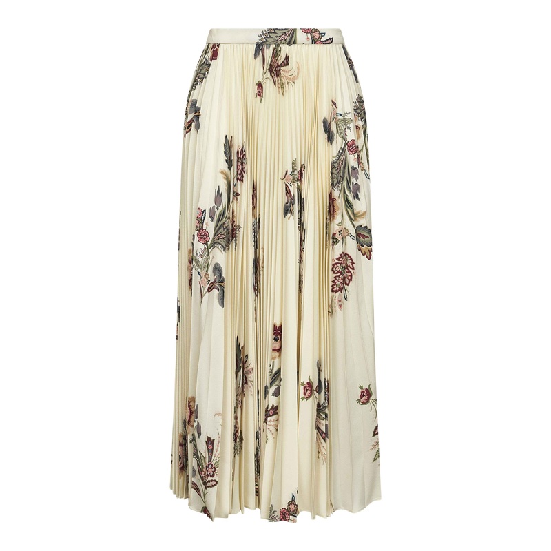 Beige floral print sabl pleated midi skirt