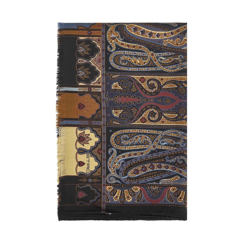 Black Paisley print wool and silk scarf