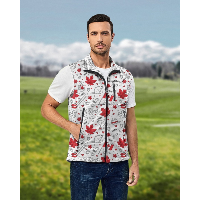Men’s Canadian Balloon Squirrel Maple Leaves Lightweight Softshell Vest Sleeveless Jacket for Golf Windproof Waterproof