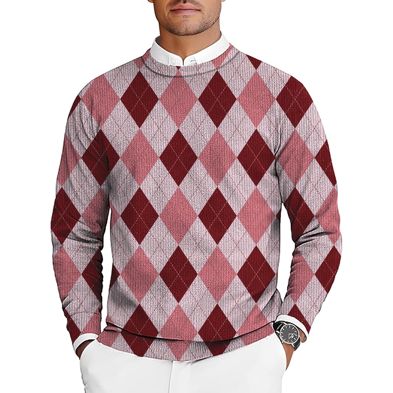 pink Argyle Men’s Golf Crewneck Pullover Sweaters Ugly Sweater