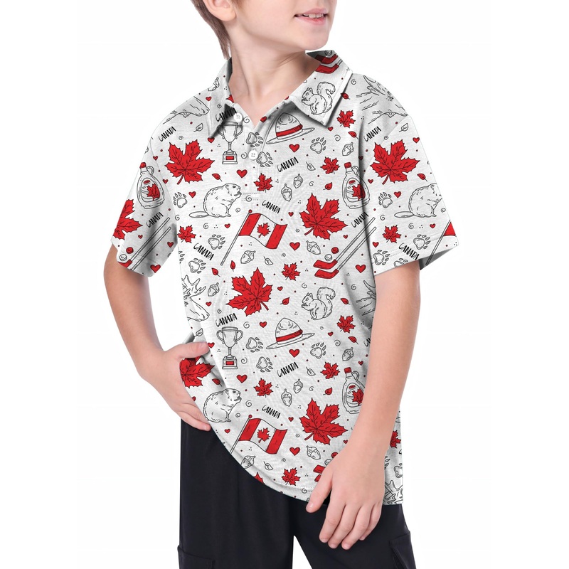 Youth Canadian Balloon Squirrel Maple Leaves Golf Polo
