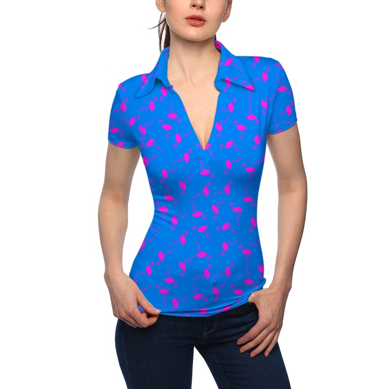Women’s Blue flamingo V Neck Golf Polo