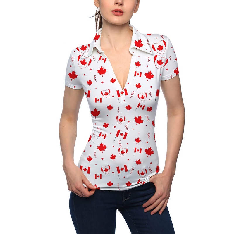 Women’s Canadian Patriotic Flag V Neck Golf Polo