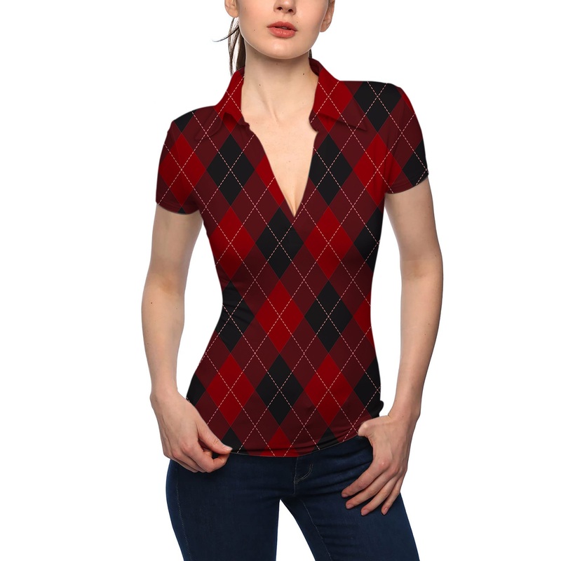 Women’s red Argyle V Neck Golf Polo