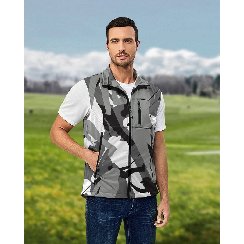 Men’s Black And White Golf Lightweight Softshell Vest Sleeveless Jacket for Golf Windproof Waterproof