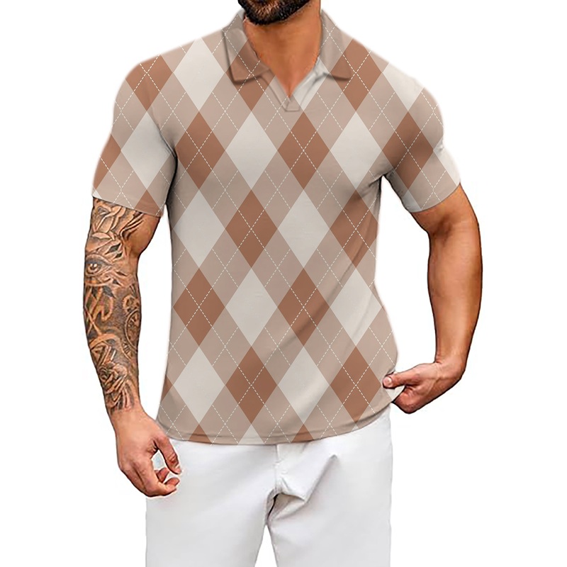 Men’s brown Argyle V Neck Golf Polo Shirts