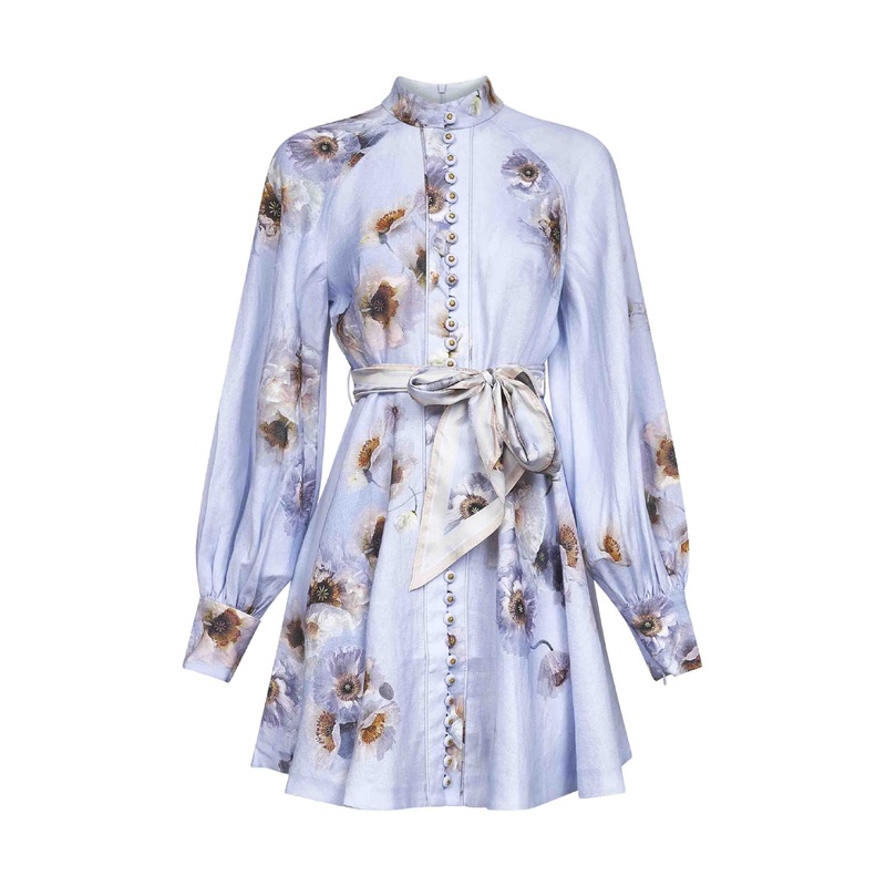 Lilac Poppy print linen Hypnotic mini dress